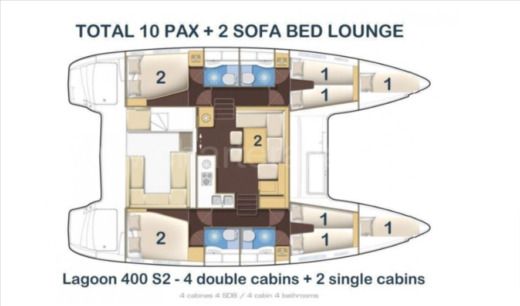 Catamaran LAGOON 400 con placas solares Boot Grundriss