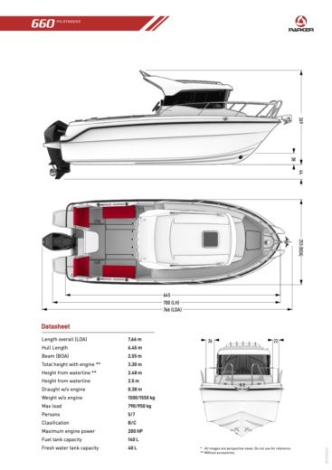 Motorboat Parker PILOTHOUSE 660 Plattegrond van de boot