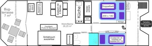 Houseboat Bungalowboot / Hausboot Trimaran Blue X AL 100 Plattegrond van de boot