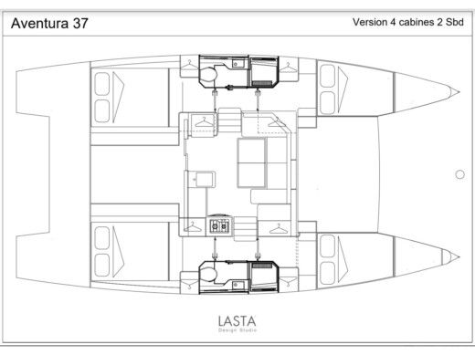 Catamaran Aventura yachts A37 Plattegrond van de boot
